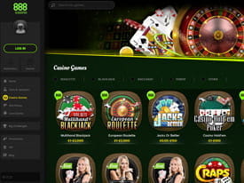 888 Casino Lobby and Games Categories